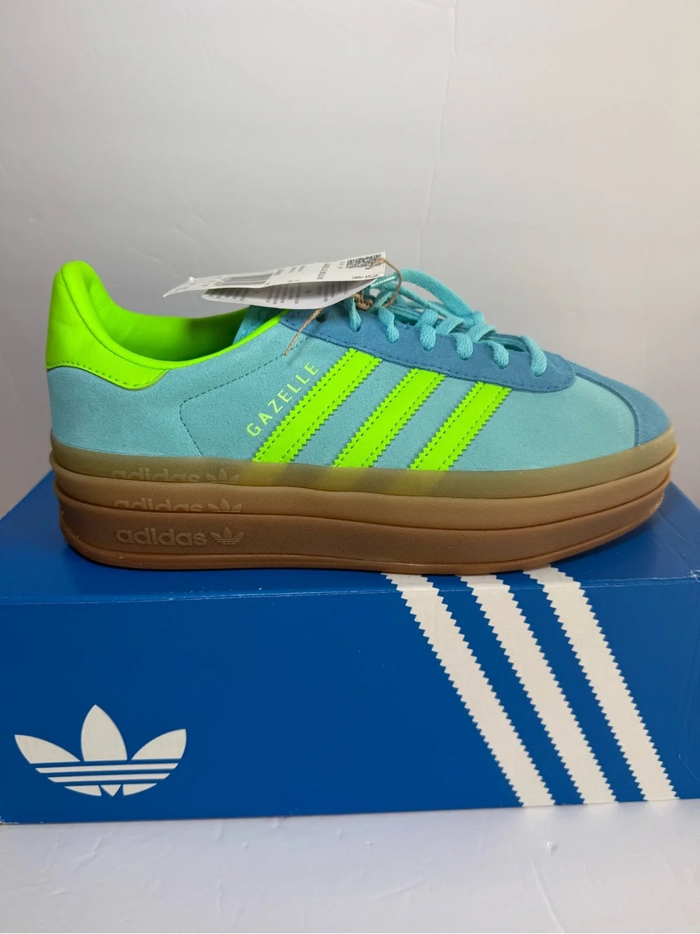 Adidas Gazelle Bold - Aqua Blue / Neon Green - Women’s Size 7 - NWT - JS3896